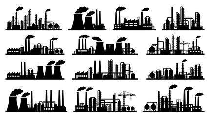 Naklejka premium Black White Industrial Factory Silhouettes, Manufacturing Plants, Pollution