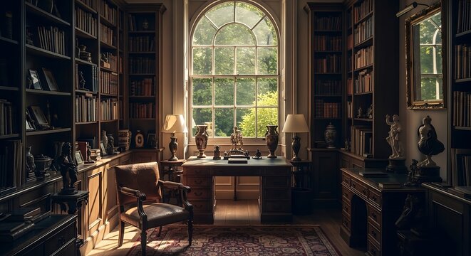 A classic library room with wooden bookshelves a desk and a large window overlooking a garden area ai generated