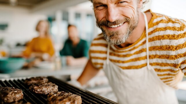 A smiling chef showcases beautifully grilled steaks, celebrating culinary skills in a vibrant kitchen setting that highlights the joy of cooking and sharing delicious meals.