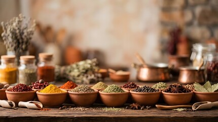 Fototapeta premium Extensive Assortment of Spices in Ceramic Bowls in a Rustic Kitchen