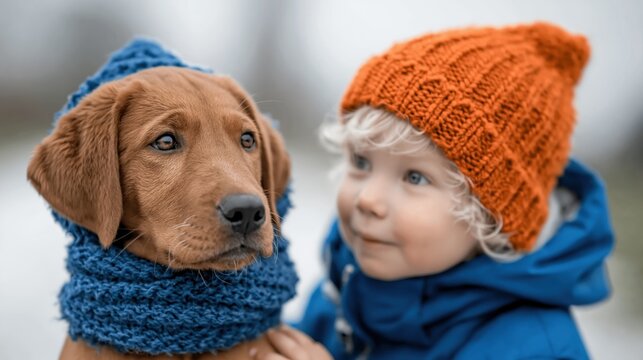 A cheerful child and a playful dog wearing cozy knit hats are enjoying a moment together in a snowy outdoor setting, embodying warmth and companionship in winter.
