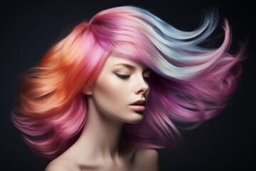 Naklejka premium Studio portrait of a young woman with colorful hair in shades of pink, orange, and blue, showcasing a trendy hairstyle