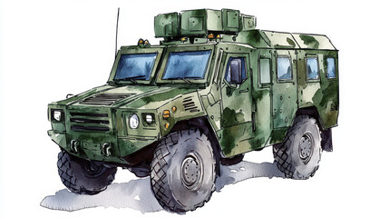 Obraz premium Watercolor illustration of military vehicle featuring rugged design, camouflage pattern, and off road capabilities
