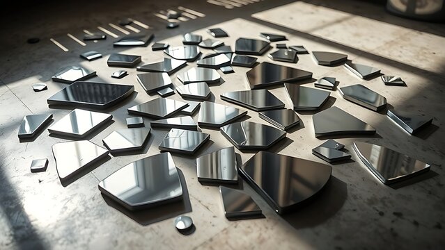 superego. Broken mirror pieces scattered on floor reflecting distorted surfaces. wellbeing guides, coaching materials, designed for coaching and self-improvement content, clarifies learning.