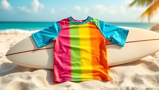 rashguard. A vibrant colored rashguard laid flat on a sandy beach with a surfboard. event key visuals, club posters, designed for fitness apps and gym onboarding, used by fitness trainers.