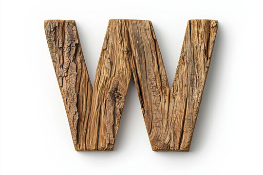 Wooden letter W with textured bark appearance, showcasing natural beauty and rustic charm. Perfect for decor or design