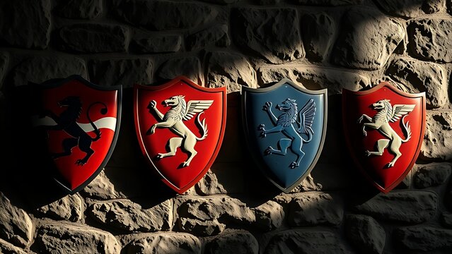 shields. Four distinct heraldic shields with animal emblems mounted side by side on a stone wall. event programs, museum guides, designed for cultural heritage projects and event programs.