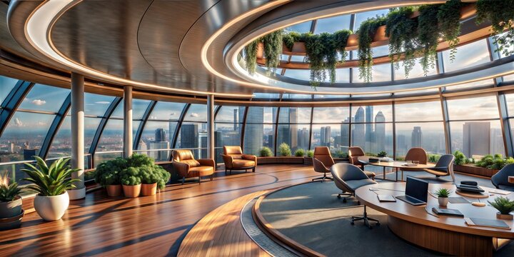 Luxurious Open-Plan Office with Curved Architecture and Hanging Plants Overlooking a Metropolis