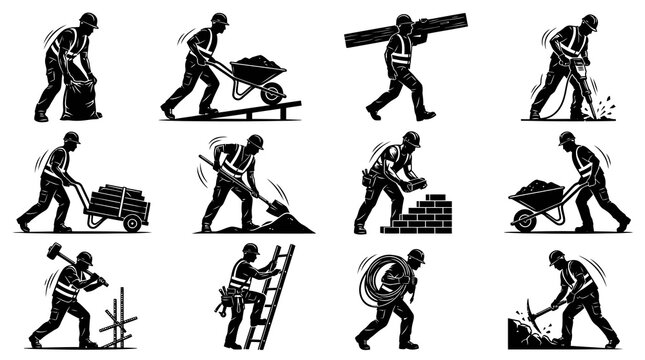 Construction Workers Black  White Vector Glyphs Set: Builders, Tools  Building Tasks