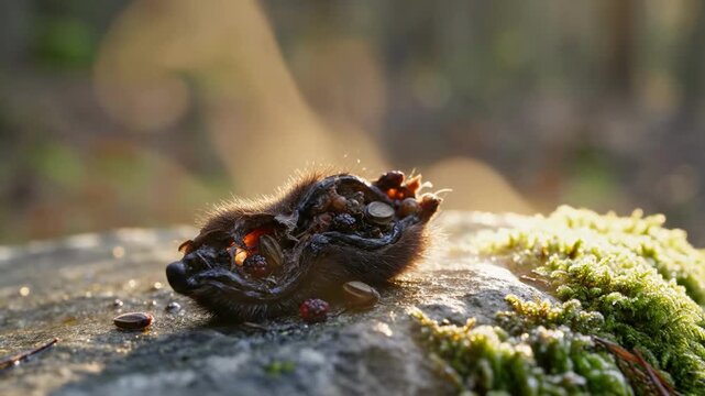 A deceased caterpillar lies on a rock in a natural setting, evoking a sense of mortality and decay.