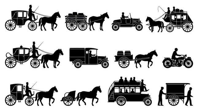 Vintage Transportation Silhouettes: Horse-drawn Carriages, Cars, and Motorcycle