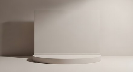 Fototapeta premium 3d rendering of a white circular podium and rectangular panel on a beige background with shadows