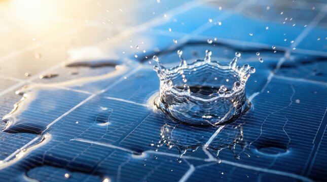 Slow motion macro of water droplets splashing on solar panel surface