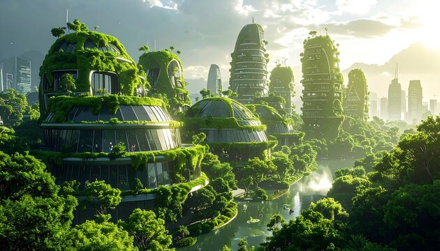 Lush green cityscape blends nature and futuristic architecture near water, under sunlight