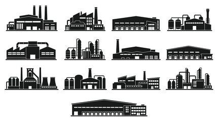 Naklejka premium Industrial Factory Buildings and Manufacturing Plant Black Silhouette Icons Set