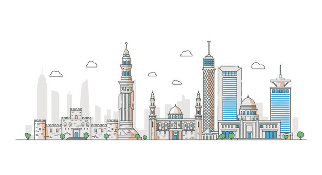 Illustration of a city skyline with various buildings and towers in a flat, two-dimensional style against a white background with blue accents and green trees.