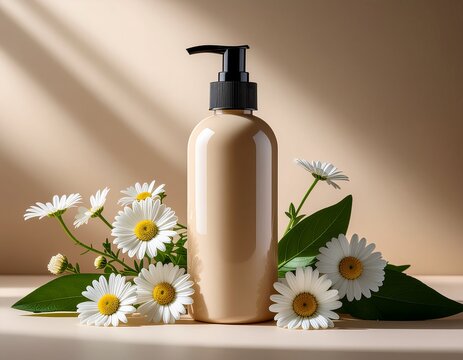 botol pump dengan latar bunga chamomile