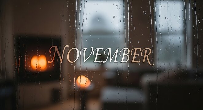November text overlaid on rainy window with warm fireplace in background
