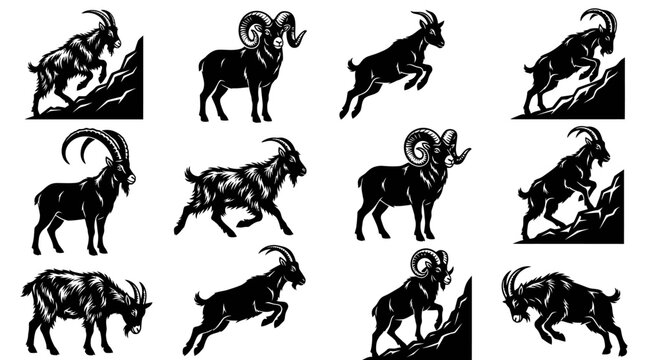 Wildlife Animals: Black and White Goats and Rams Engraving Vector Set