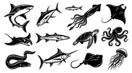 Obraz premium Black White Marine Life Vector Set: Sea Animals, Fish, Octopus, Shark Ocean Creatures Icons