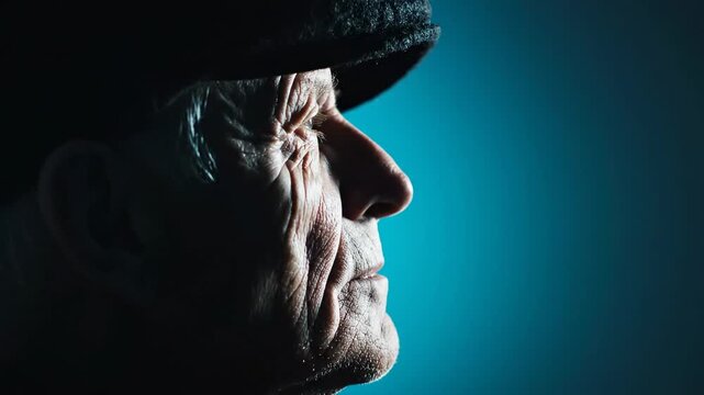 Dramatic side profile portrait of an elderly man with deep wrinkles representing wisdom and experience.