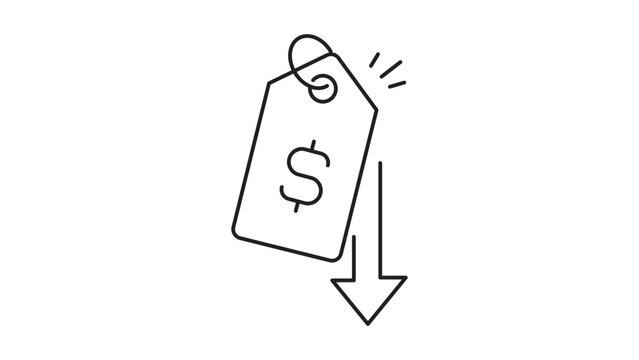 Price Drop and Deflation Risk Minimalist Black Line Vector Icon on White Background. This Editable Stroke Vector Illustration features a price tag with a dollar sign and a downward arrow symbol.