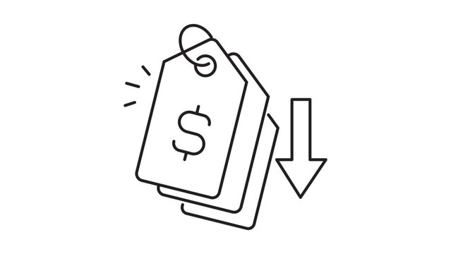 Price Tag with Dollar Sign and Downward Arrow Minimalist Black Line Vector Icon Representing Deflation, Discount, and Price Drop, Featuring Editable Stroke and Scalable Outline for Finance.