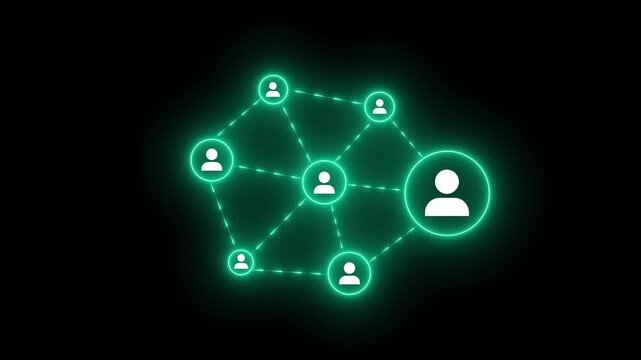 Organizational network structure with connected people icons on digital interface, showing team collaboration, stakeholder mapping, social graph, and business communication on copy space background.4k