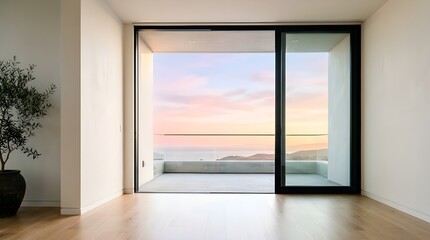 Fototapeta premium Spacious Empty Minimalist Room with Wooden Floor and Large Sliding Glass Door to Terrace Balcony During Soft Sunset with Distant Ocean and Mountain Horizon Interior Design Mockup Background