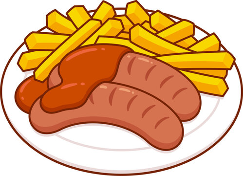 Currywurst mit Pommes, traditional German potato fries with bratwurst sausage and curry ketchup. Isolated vector cartoon clipart illustration.