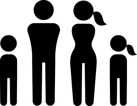 Man and woman, girl and boy gender icons. Simple figure family, male and female adults and children. Vector symbols set.