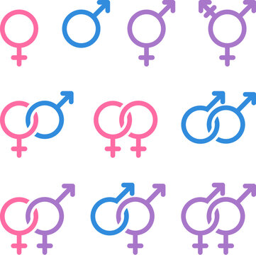 Set of gender and sexual orientation icons. Pink female, blue male, purple genderqueer or transgender. Simple vector pictograms.
