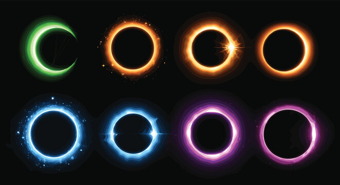 Glowing energy rings set neon magic circles fire electric light portals abstract effect collection vector illustration