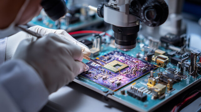 a technician repairing a laptop board using a soldering iron and a microscope in a specialized microelectronics desk