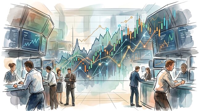 Stock Market Trading Floor Illustration with Financial Data Charts and Busy Traders in Watercolor Style