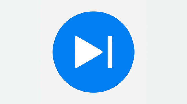 A blue play button icon with a white triangle and vertical line on a white background.