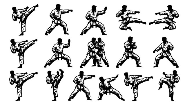 Black and White Karate Fighter Icons - Martial Arts Sport Vector Art
