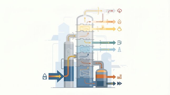 Crude Oil Distillation Process Infographic Illustration showing Petroleum Refining and Fractionation