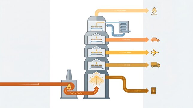 Fractional Distillation Process Diagram Showing Crude Oil Refining into Fuel Gasoline Diesel and Gas