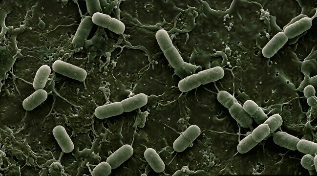 SEM illustration of rod-shaped bacteria (Bacilli) undergoing binary fission on a biological surface