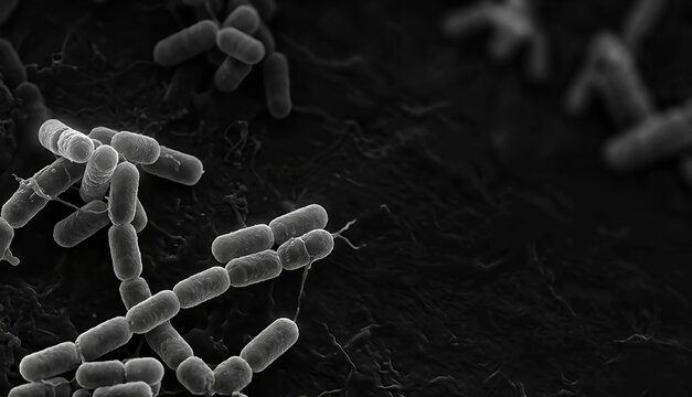 Microscopic SEM illustration of rod-shaped bacilli bacteria colony on dark background