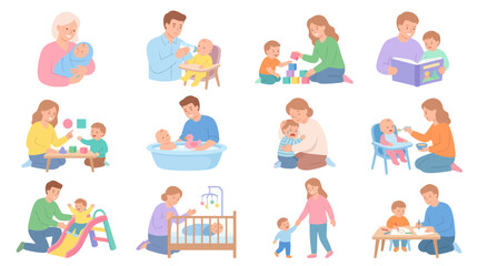 Fototapeta premium Flat Style Illustration of Parents Caring for Babies and Toddlers