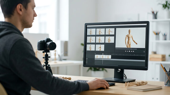 Man sitting at desk working on computer with monitor showing stop motion animation