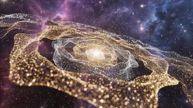Abstract representation of a golden and silver spiral galaxy in deep space with nebula clouds and stars.