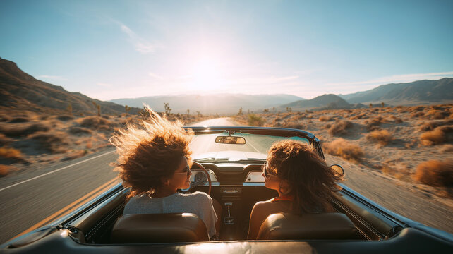 Two friends on a road trip, driving a convertible through an open desert road, sun shining, natural wind, carefree smiles, adventure and freedom vibe, panoramic landscape of the desert