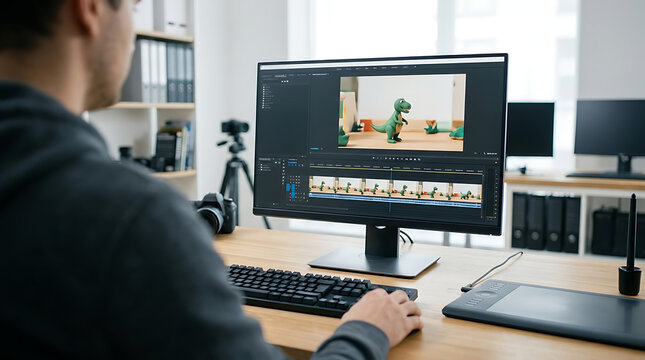 A person edits a stop motion animation video on a computer in an office.