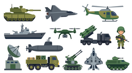 Obraz premium Military Vehicles and Equipment Flat Vector Icons Set