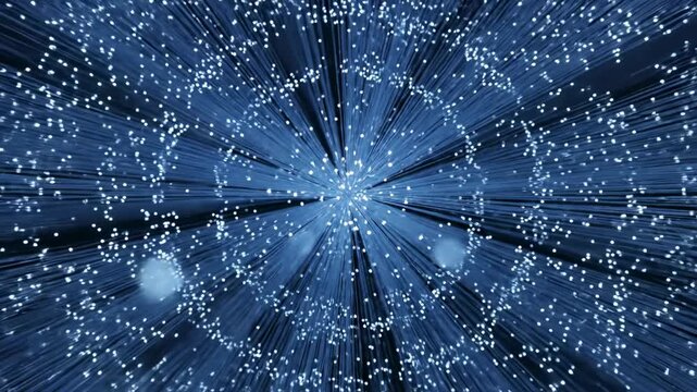 Abstract blue fiber optic sphere representing global data network and digital connectivity on a dark background.