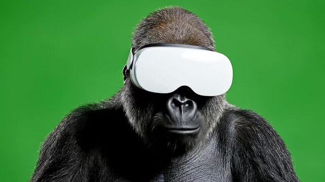 A gorilla wearing a white virtual reality headset on a green screen background.