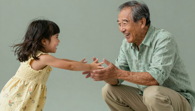 Asian Grandfather Playing with Mixed-Race Granddaughter in Park